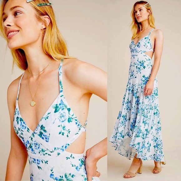 Anthropologie Yumi Kim White and Blue floral cut out maxi dress size large - Picture 3 of 15
